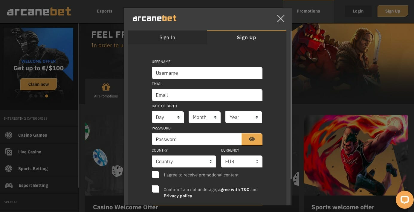 ArcaneBet sign up